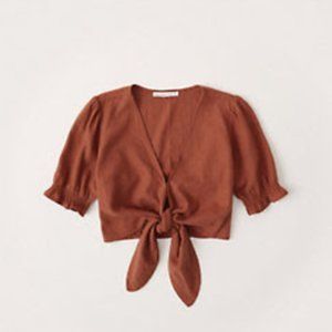 Abercrombie & Fitch Tie-Front Puff Sleeve Top in Paprika Red